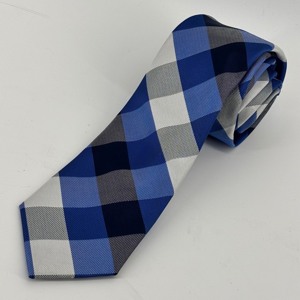 IZOD Mens Necktie Blue Navy White Buffalo Check Plaid Silk Blend Tie